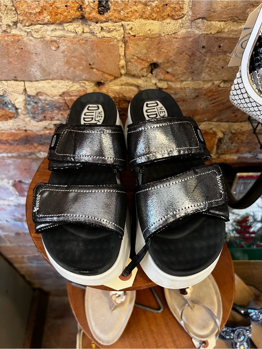 Hey Dude Metallic Black Velcro Slide Sandals